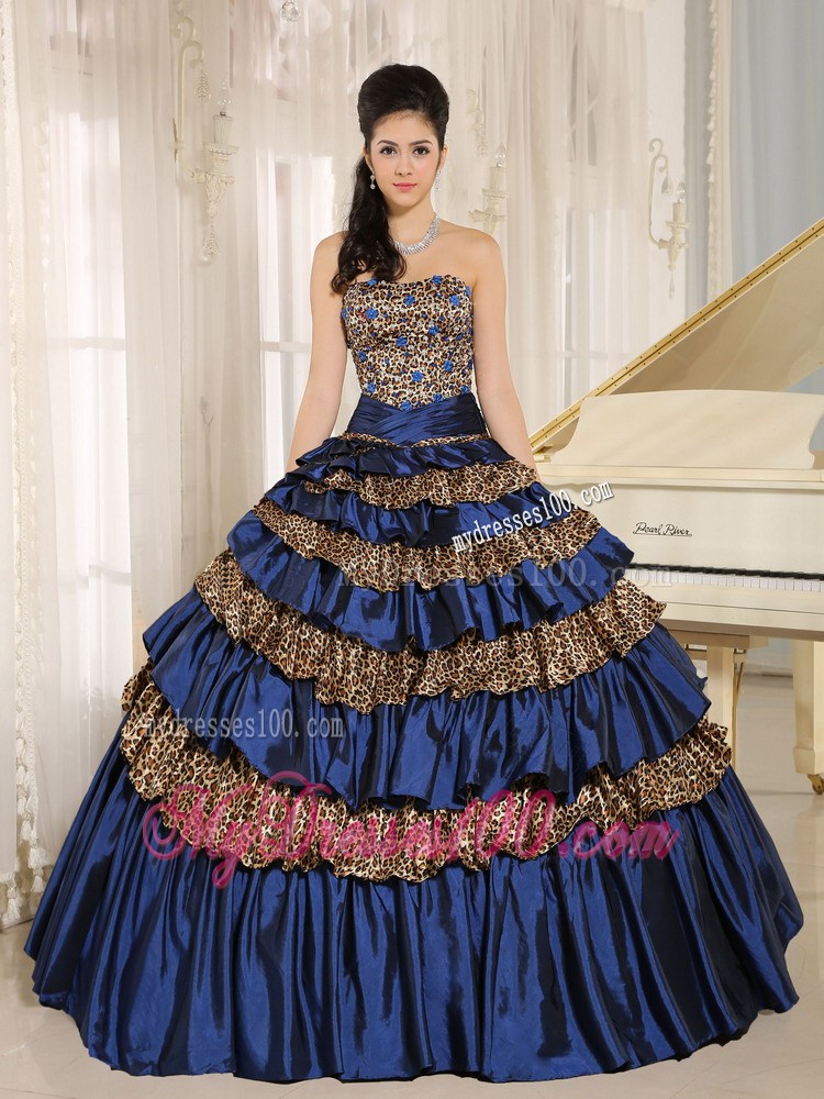 2013 Navy Blue Ruffled Layers and Beading Leopard Quinceanera Dress