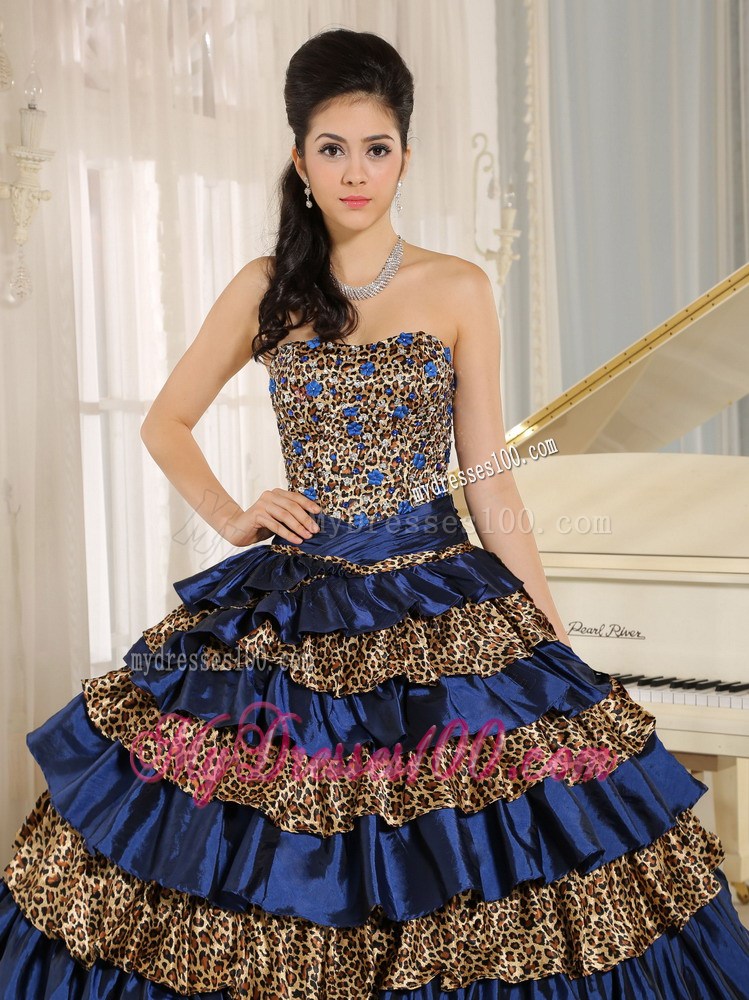 2013 Navy Blue Ruffled Layers and Beading Leopard Quinceanera Dress