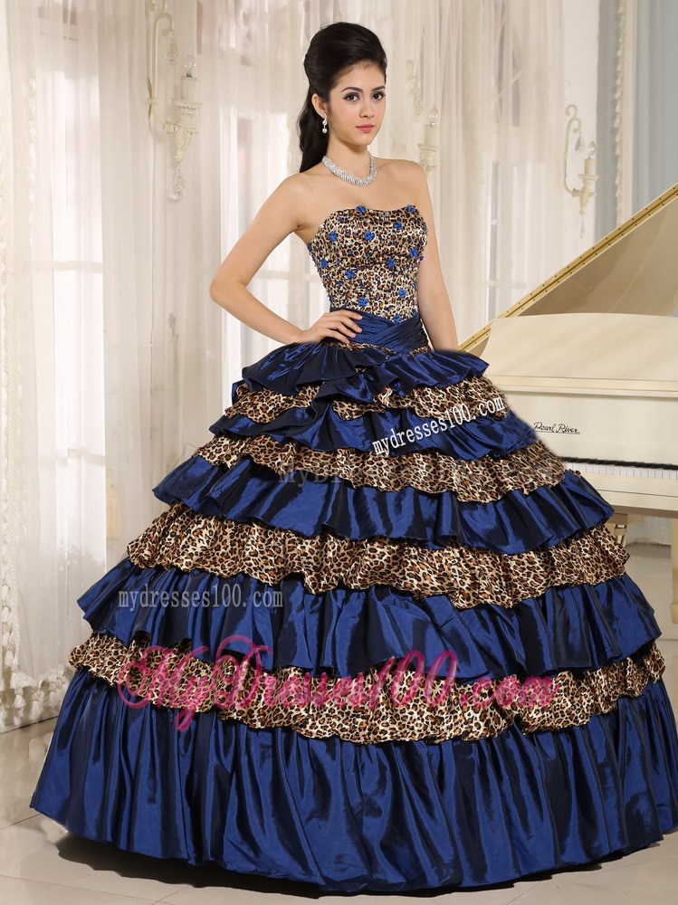 2013 Navy Blue Ruffled Layers and Beading Leopard Quinceanera Dress