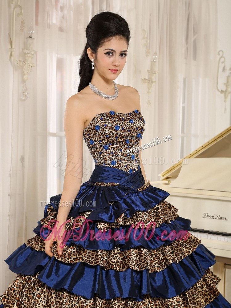 2013 Navy Blue Ruffled Layers and Beading Leopard Quinceanera Dress