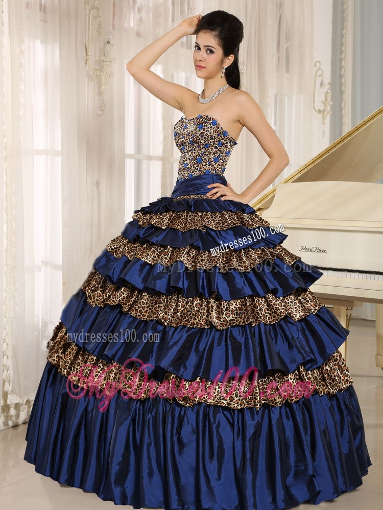 2013 Navy Blue Ruffled Layers and Beading Leopard Quinceanera Dress