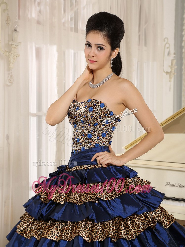 2013 Navy Blue Ruffled Layers and Beading Leopard Quinceanera Dress