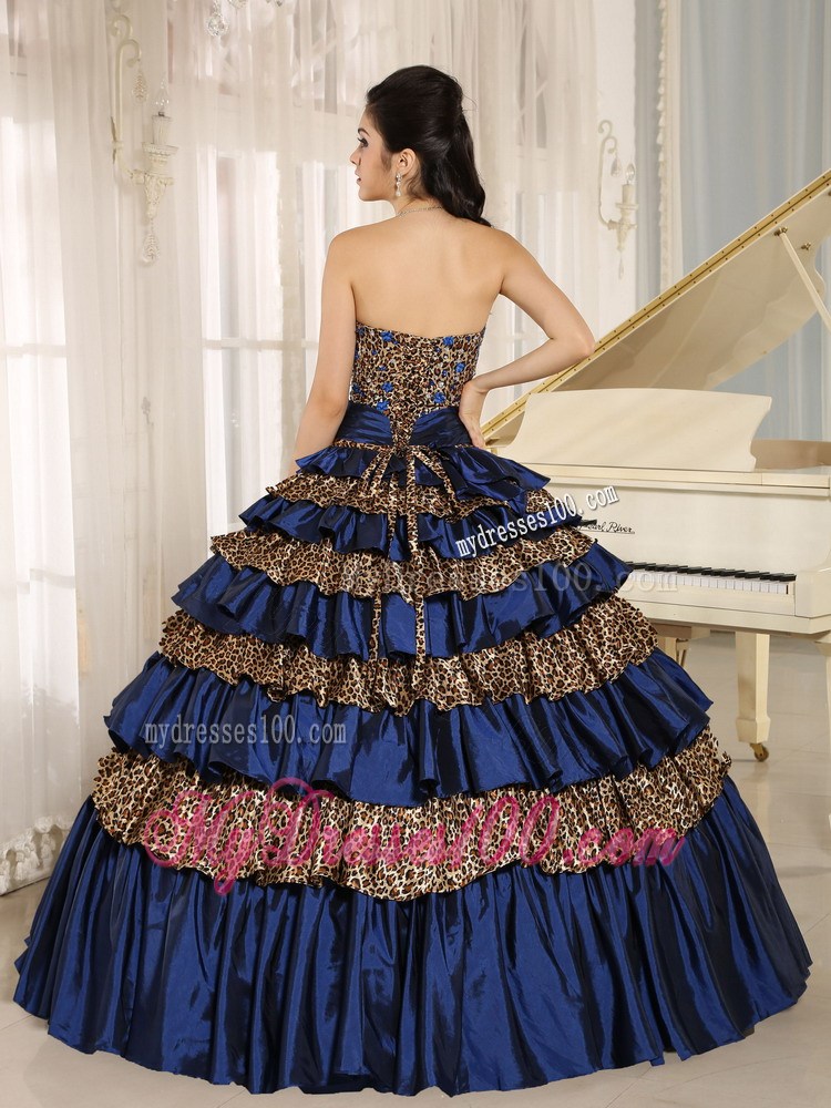 2013 Navy Blue Ruffled Layers and Beading Leopard Quinceanera Dress