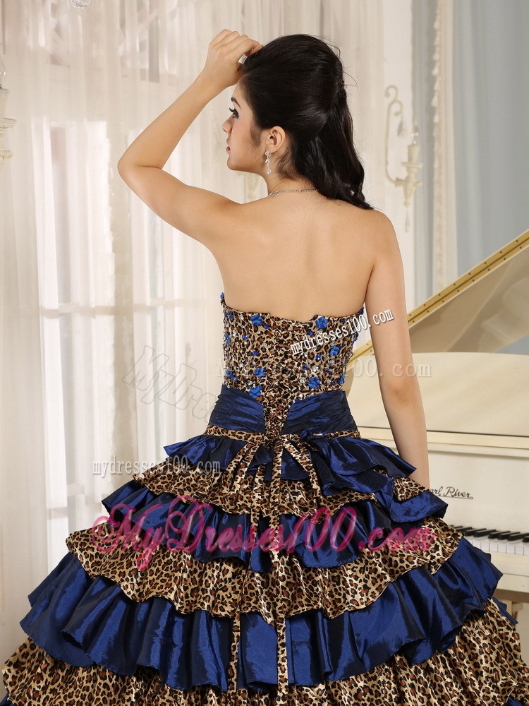 2013 Navy Blue Ruffled Layers and Beading Leopard Quinceanera Dress