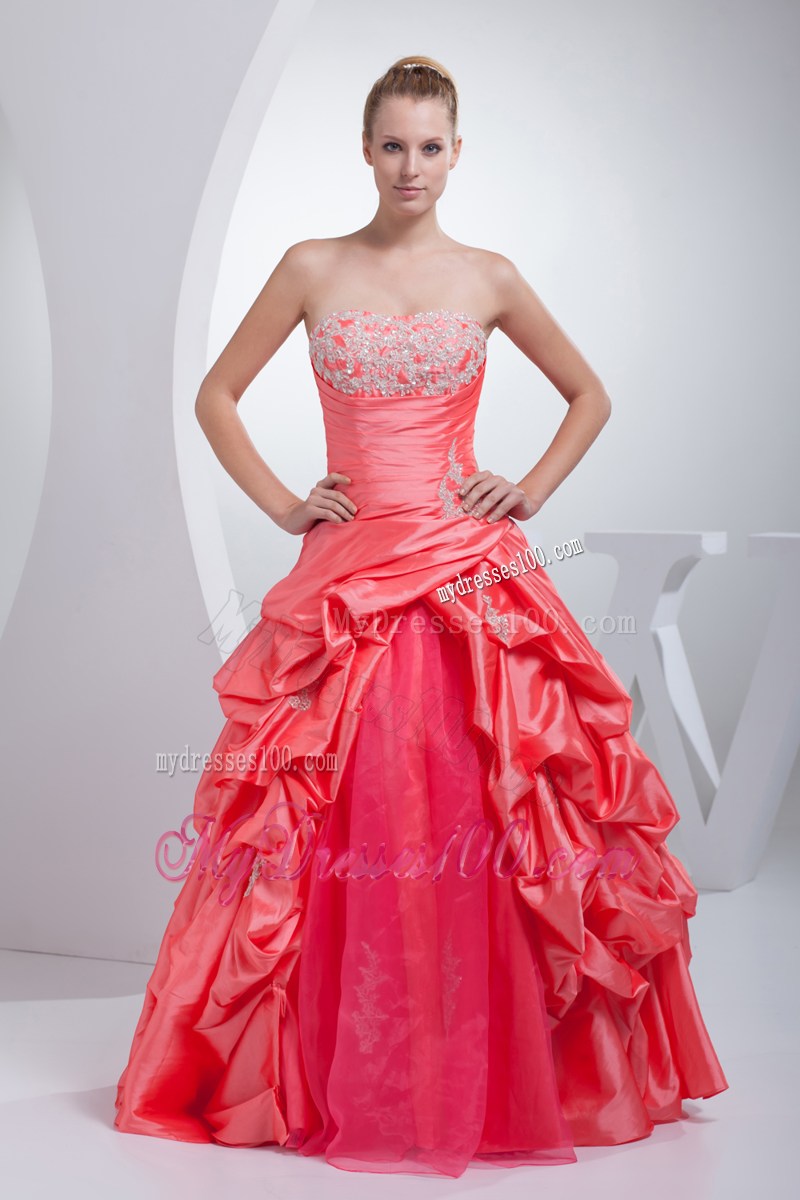 Sweetheart A-line Watermelon Red Quinceanera Dress Pick-ups Appliques