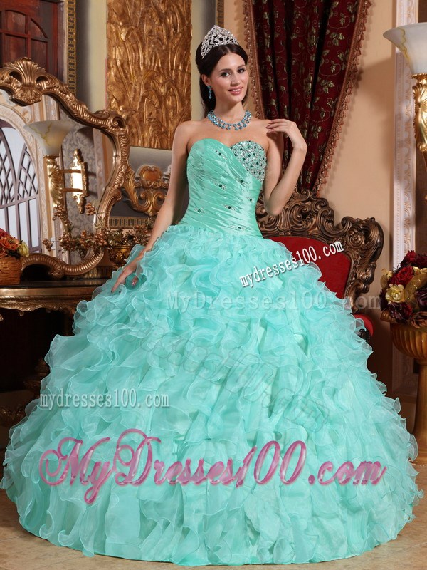 Apple Green Sweetheart Organza Beading Ruffles Ball Gown Sweet 15 Dress