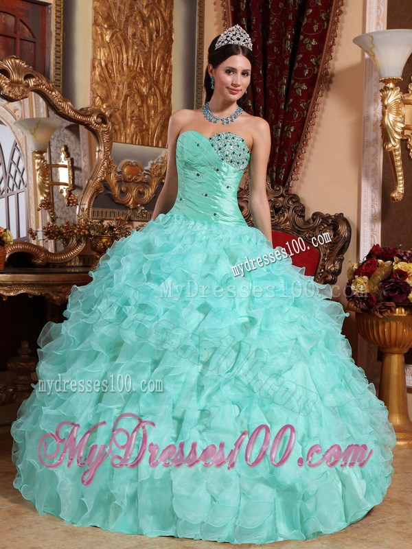 Apple Green Sweetheart Organza Beading Ruffles Ball Gown Sweet 15 Dress