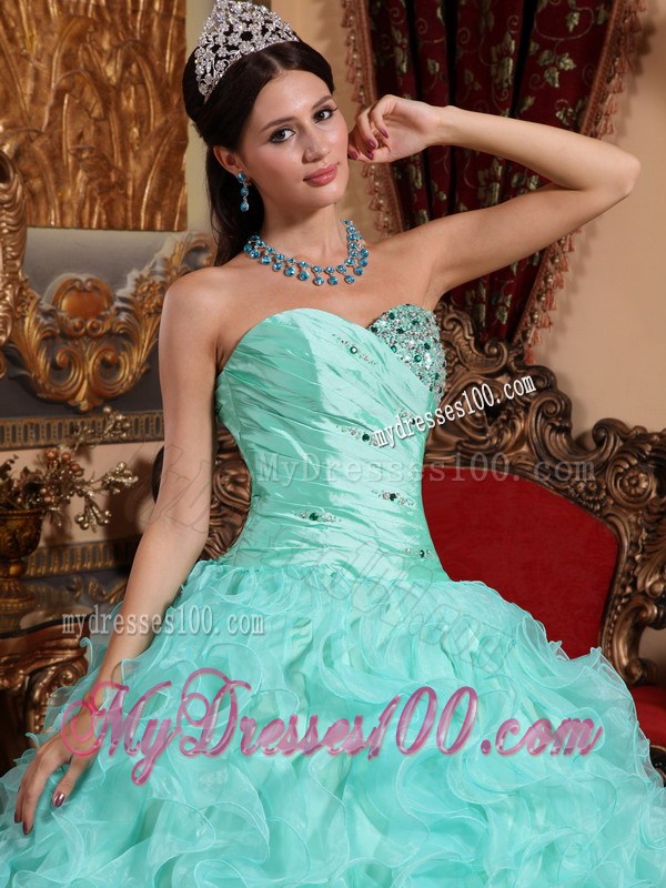 Apple Green Sweetheart Organza Beading Ruffles Ball Gown Sweet 15 Dress