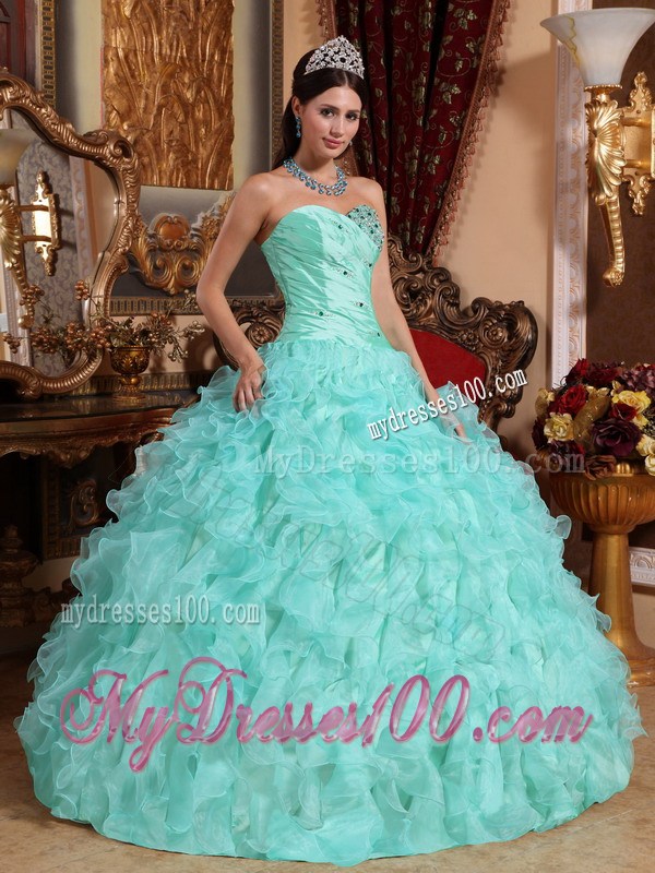 Apple Green Sweetheart Organza Beading Ruffles Ball Gown Sweet 15 Dress