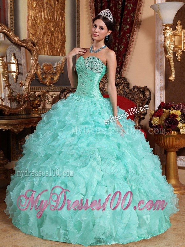 Apple Green Sweetheart Organza Beading Ruffles Ball Gown Sweet 15 Dress