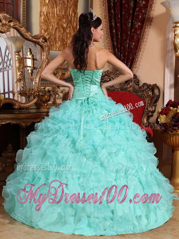Apple Green Sweetheart Organza Beading Ruffles Ball Gown Sweet 15 Dress