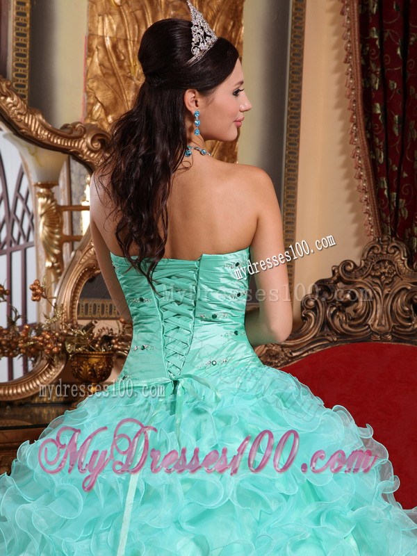Apple Green Sweetheart Organza Beading Ruffles Ball Gown Sweet 15 Dress