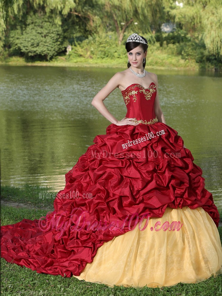 Wine Red Quincianera Dresses with Pick-ups and Brush Train
