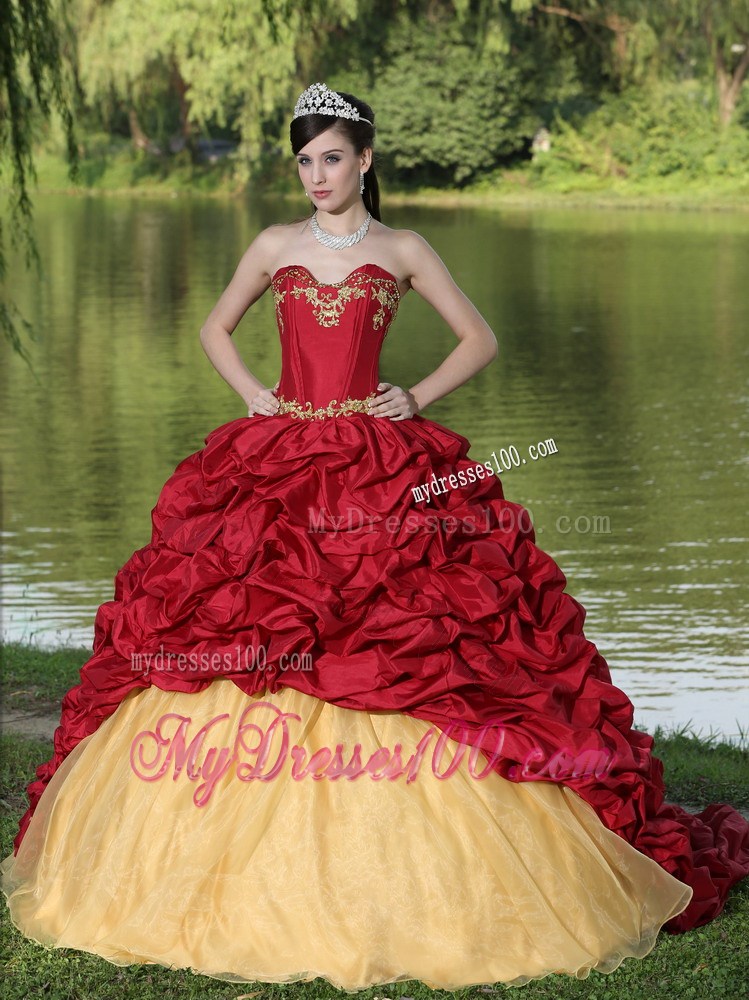 Wine Red Quincianera Dresses with Pick-ups and Brush Train