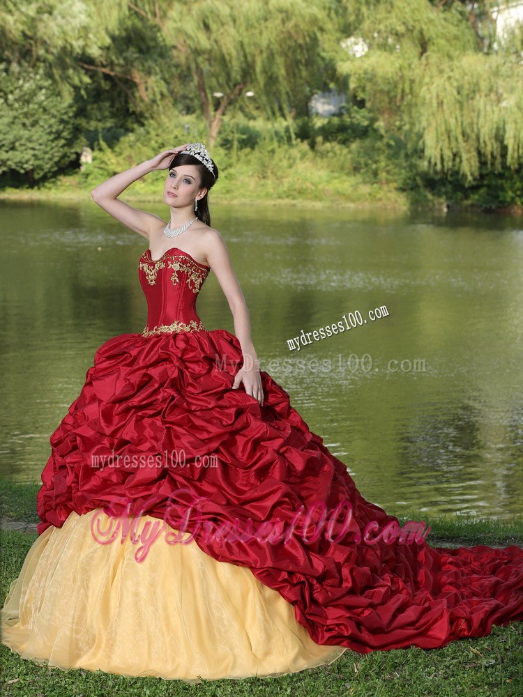 Wine Red Quincianera Dresses with Pick-ups and Brush Train