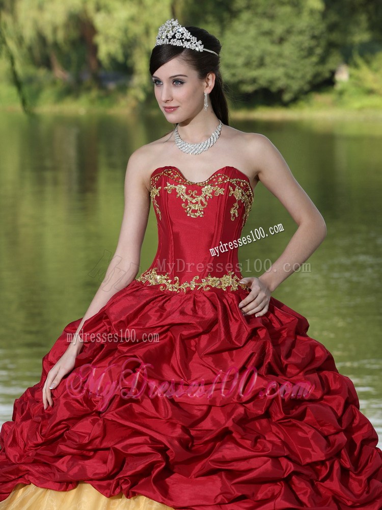 Wine Red Quincianera Dresses with Pick-ups and Brush Train