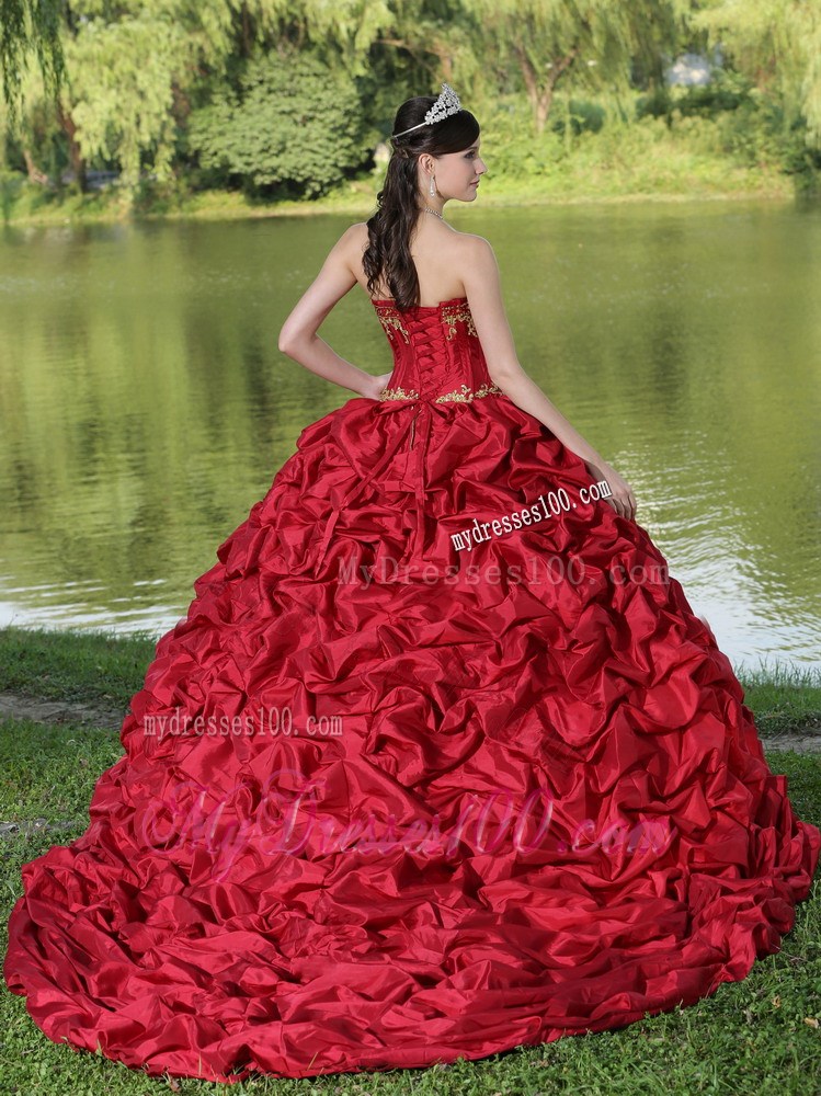 Wine Red Quincianera Dresses with Pick-ups and Brush Train
