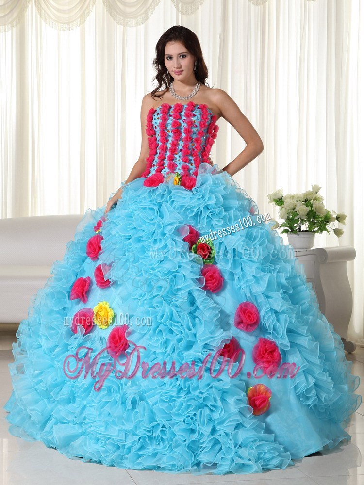 Aqua Strapless Organza Beading Hand Flower Quinceanera Dress