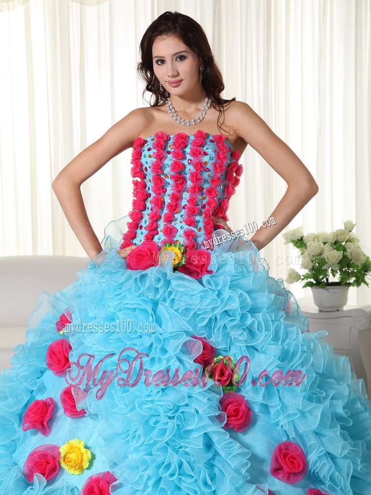 Aqua Strapless Organza Beading Hand Flower Quinceanera Dress