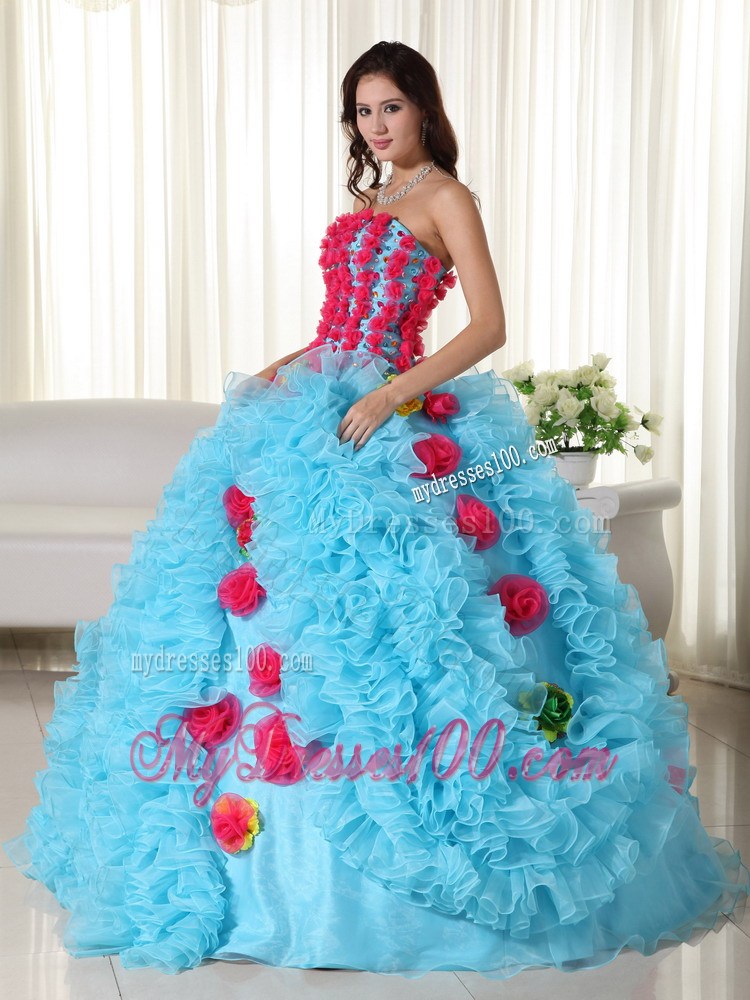 Aqua Strapless Organza Beading Hand Flower Quinceanera Dress