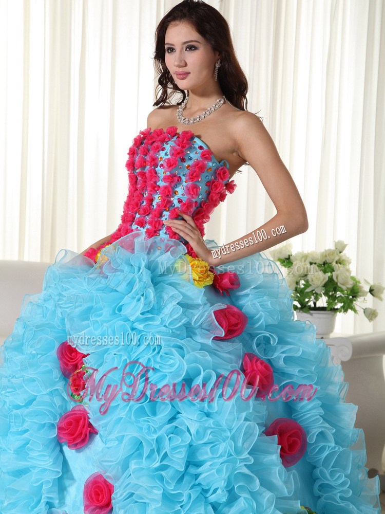 Aqua Strapless Organza Beading Hand Flower Quinceanera Dress