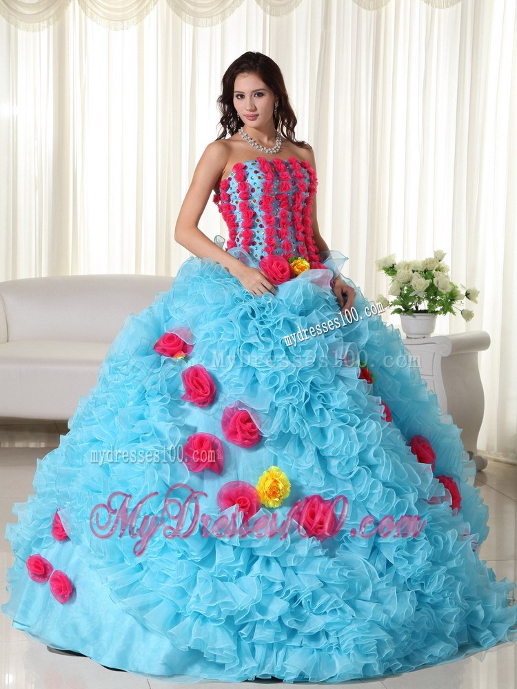 Aqua Strapless Organza Beading Hand Flower Quinceanera Dress