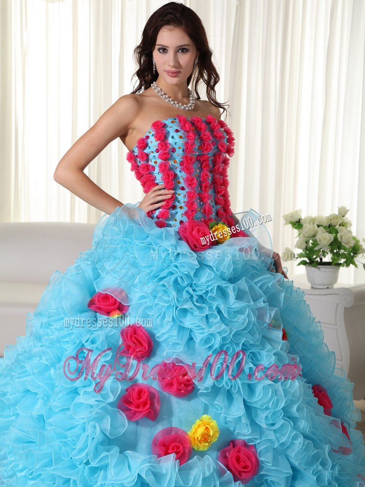 Aqua Strapless Organza Beading Hand Flower Quinceanera Dress