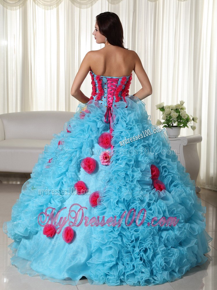 Aqua Strapless Organza Beading Hand Flower Quinceanera Dress