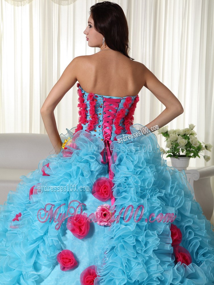 Aqua Strapless Organza Beading Hand Flower Quinceanera Dress