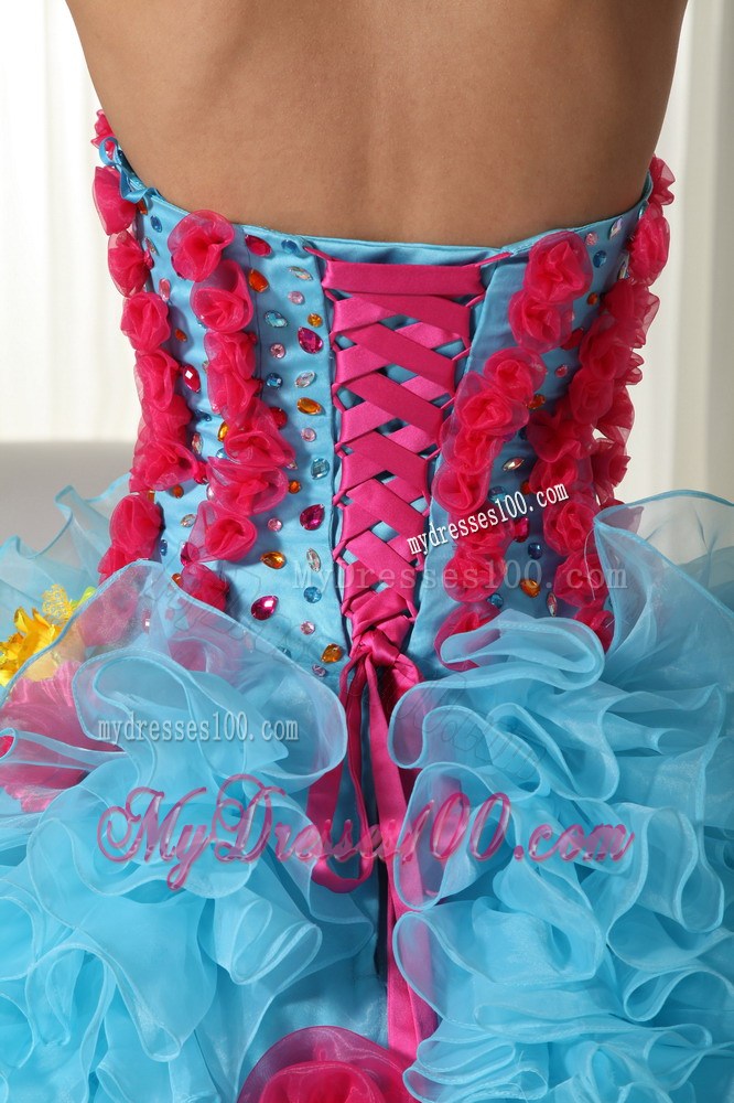Aqua Strapless Organza Beading Hand Flower Quinceanera Dress