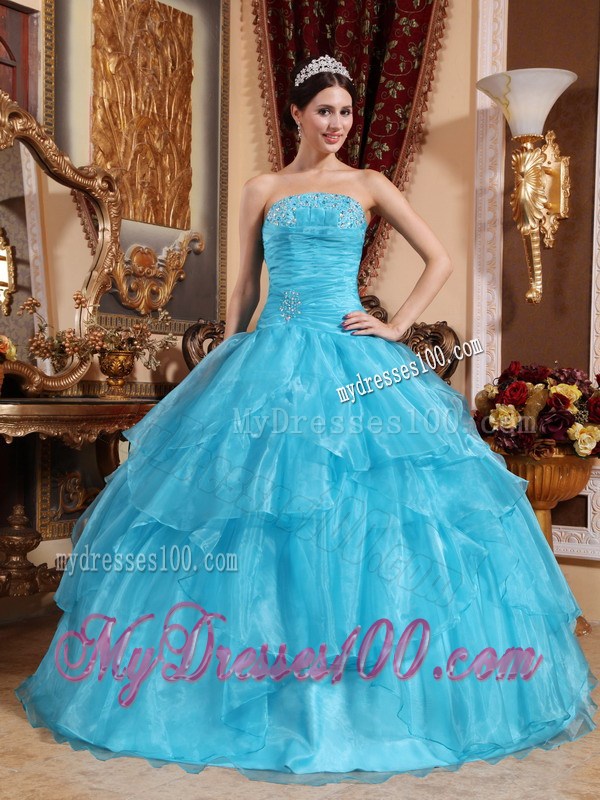 Aqua Blue Ball Gown Strapless Organza Layers Beaded Quinceanera Dress