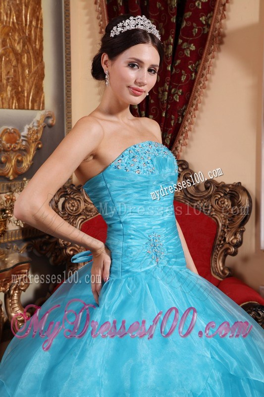 Aqua Blue Ball Gown Strapless Organza Layers Beaded Quinceanera Dress
