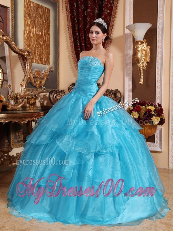Aqua Blue Ball Gown Strapless Organza Layers Beaded Quinceanera Dress