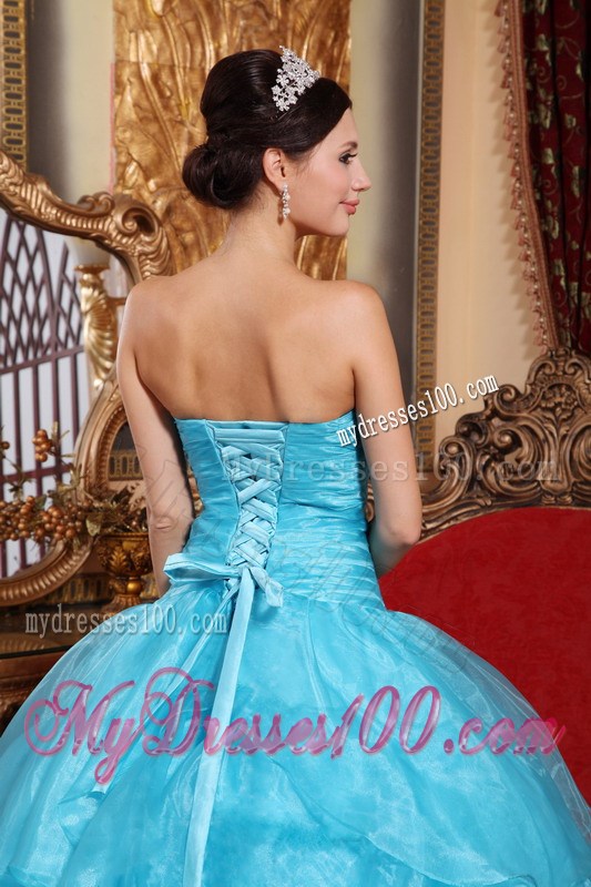 Aqua Blue Ball Gown Strapless Organza Layers Beaded Quinceanera Dress