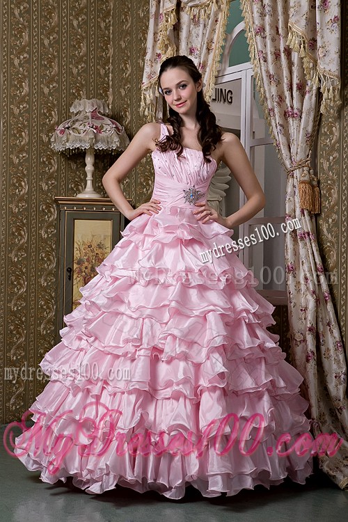 Baby Pink A-line One Shoulder Elastic Woven Satin Layered Quince Dress