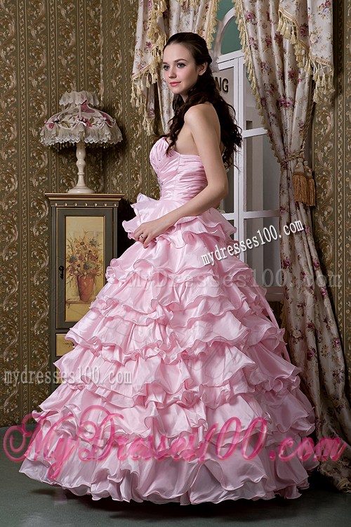 Baby Pink A-line One Shoulder Elastic Woven Satin Layered Quince Dress