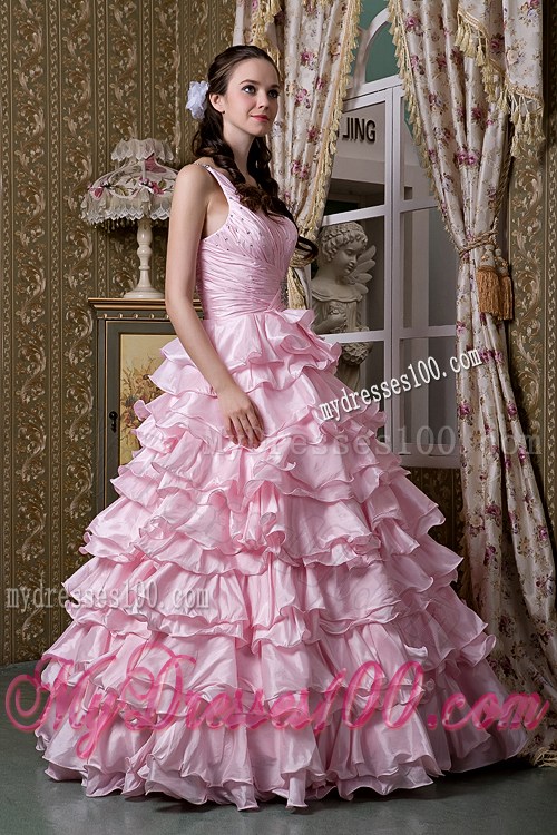 Baby Pink A-line One Shoulder Elastic Woven Satin Layered Quince Dress