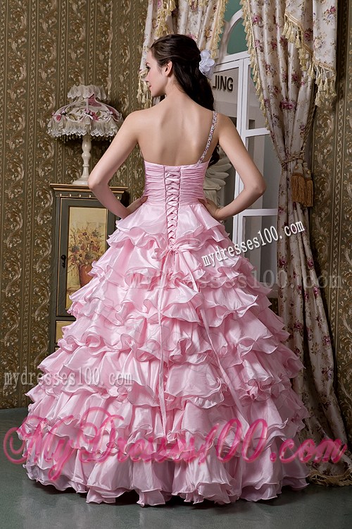 Baby Pink A-line One Shoulder Elastic Woven Satin Layered Quince Dress