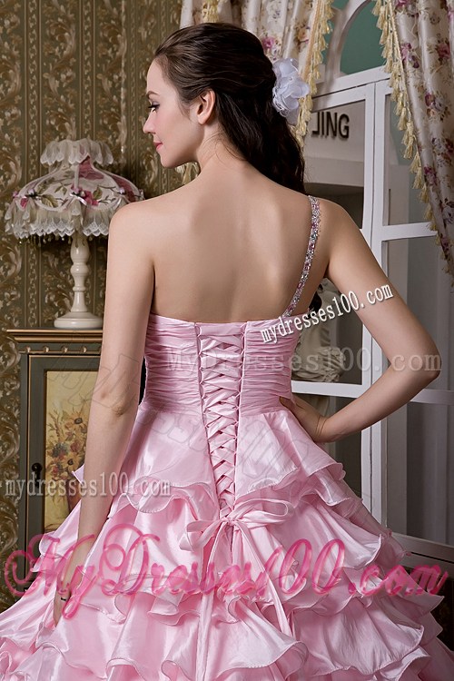 Baby Pink A-line One Shoulder Elastic Woven Satin Layered Quince Dress