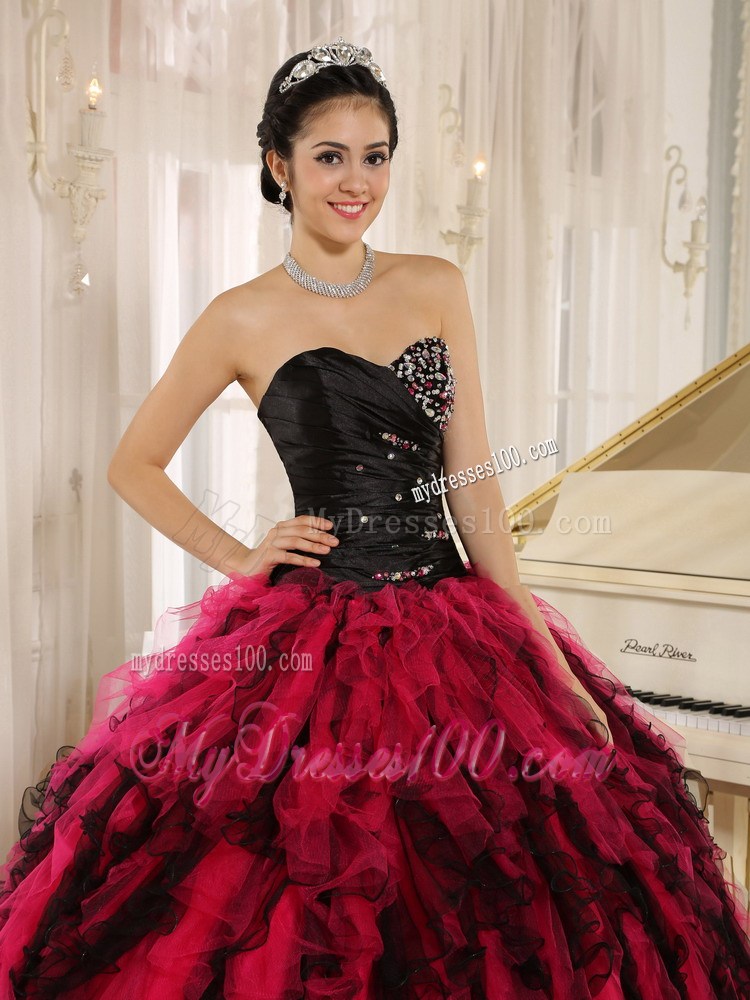 Quinceanera Gown Decorated Beading in Black and Hot Pink
