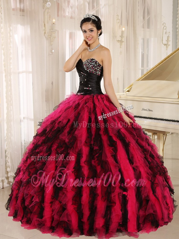 Quinceanera Gown Decorated Beading in Black and Hot Pink