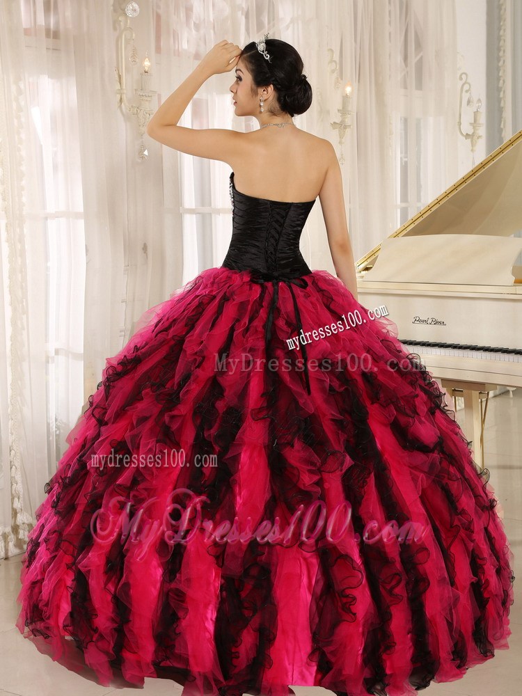 Quinceanera Gown Decorated Beading in Black and Hot Pink