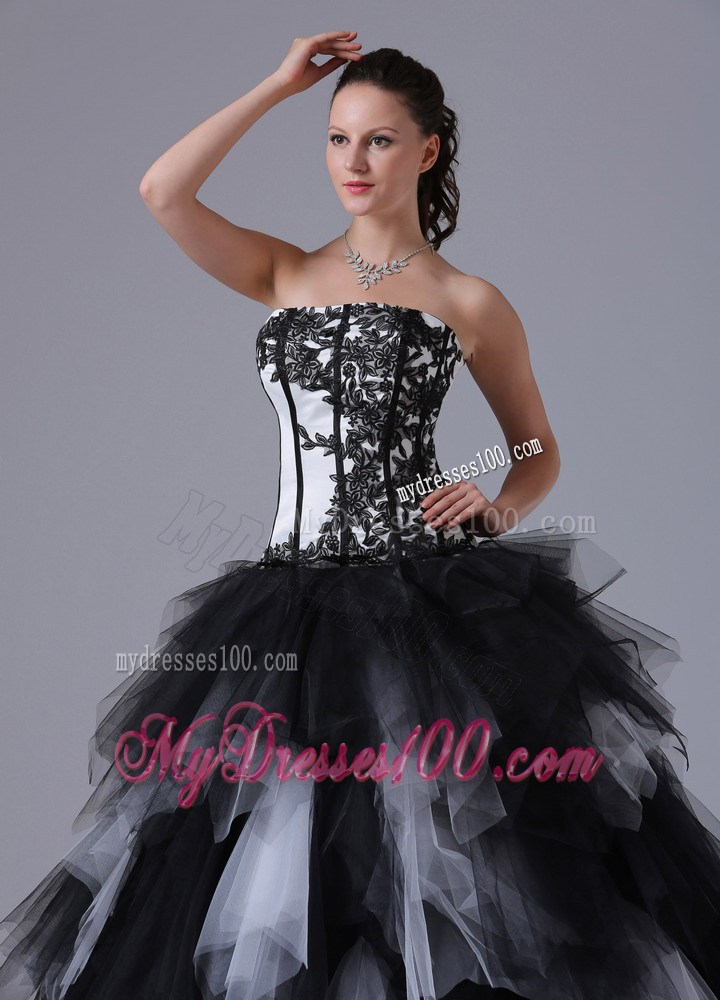 Black and White Ball Gown Ruffles Quinceanera Dress With Embroidery