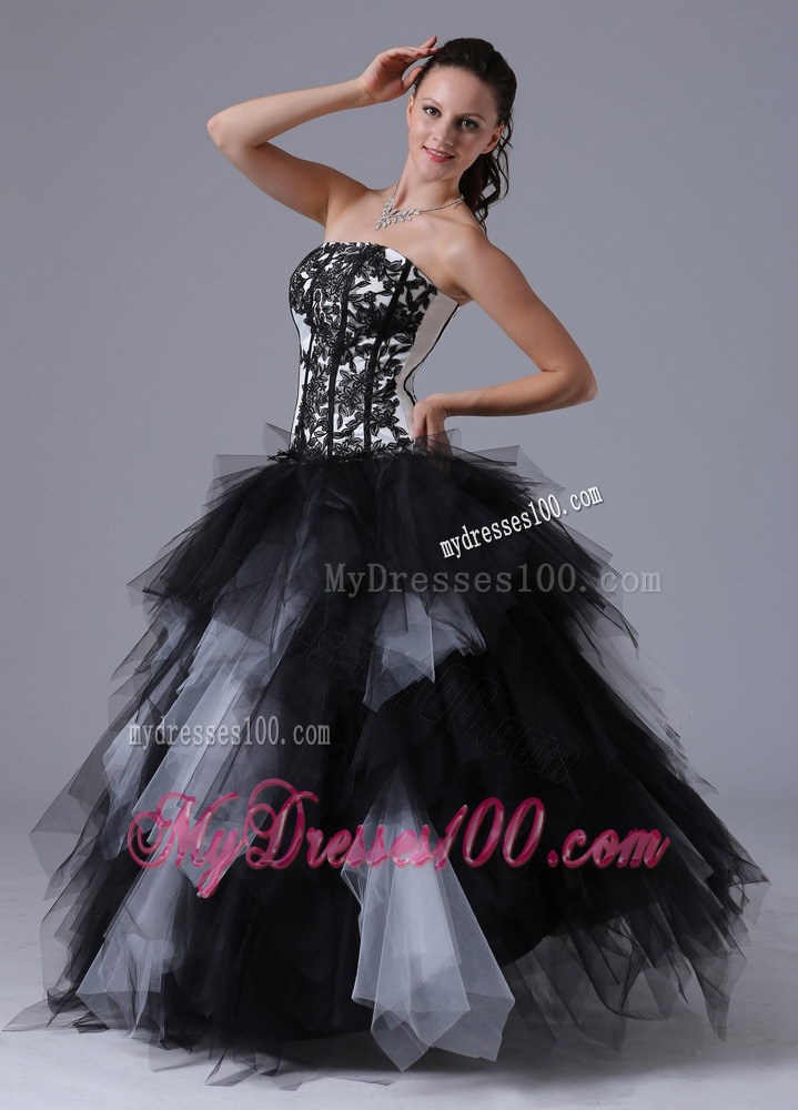 Black and White Ball Gown Ruffles Quinceanera Dress With Embroidery