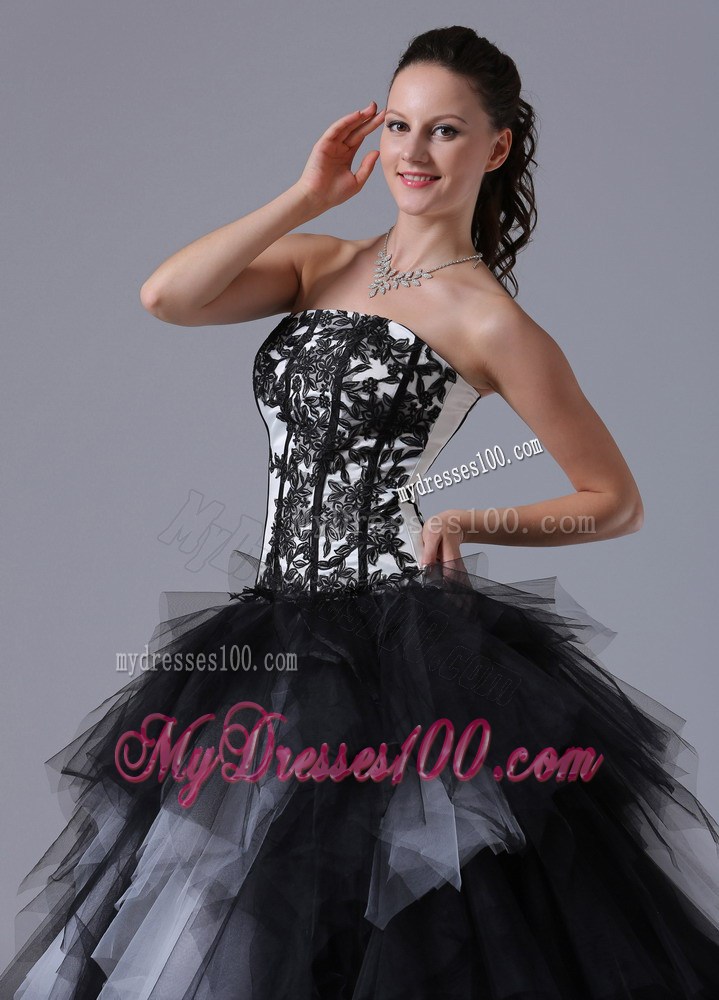 Black and White Ball Gown Ruffles Quinceanera Dress With Embroidery