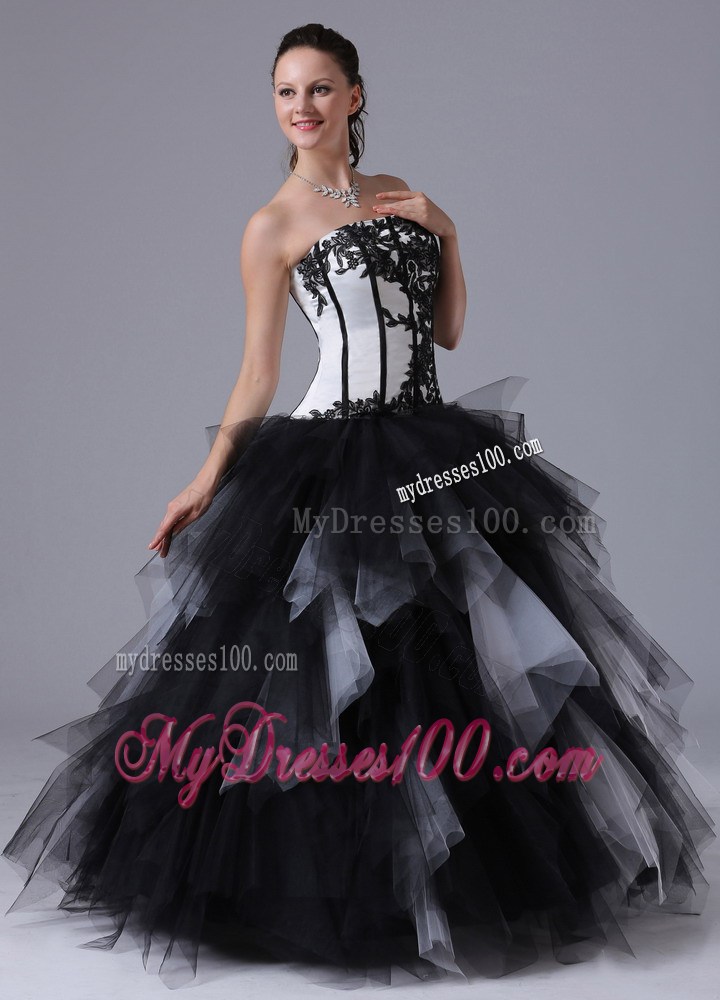 Black and White Ball Gown Ruffles Quinceanera Dress With Embroidery