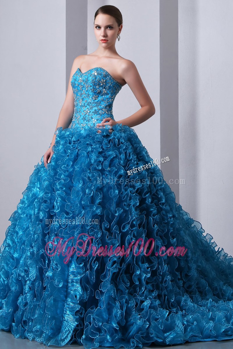 Blue A-Line Sweetheart Organza Quinceanera Dress Beading and Ruffles