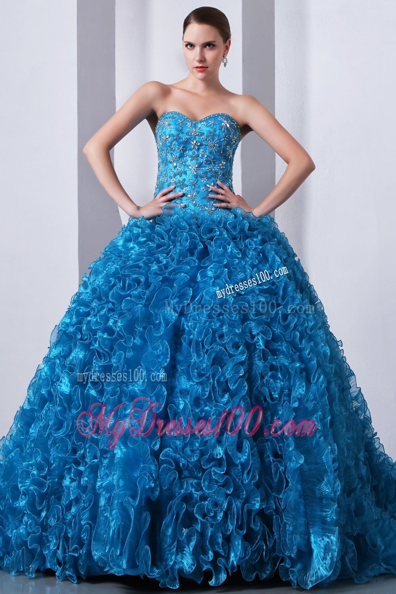 Blue A-Line Sweetheart Organza Quinceanera Dress Beading and Ruffles