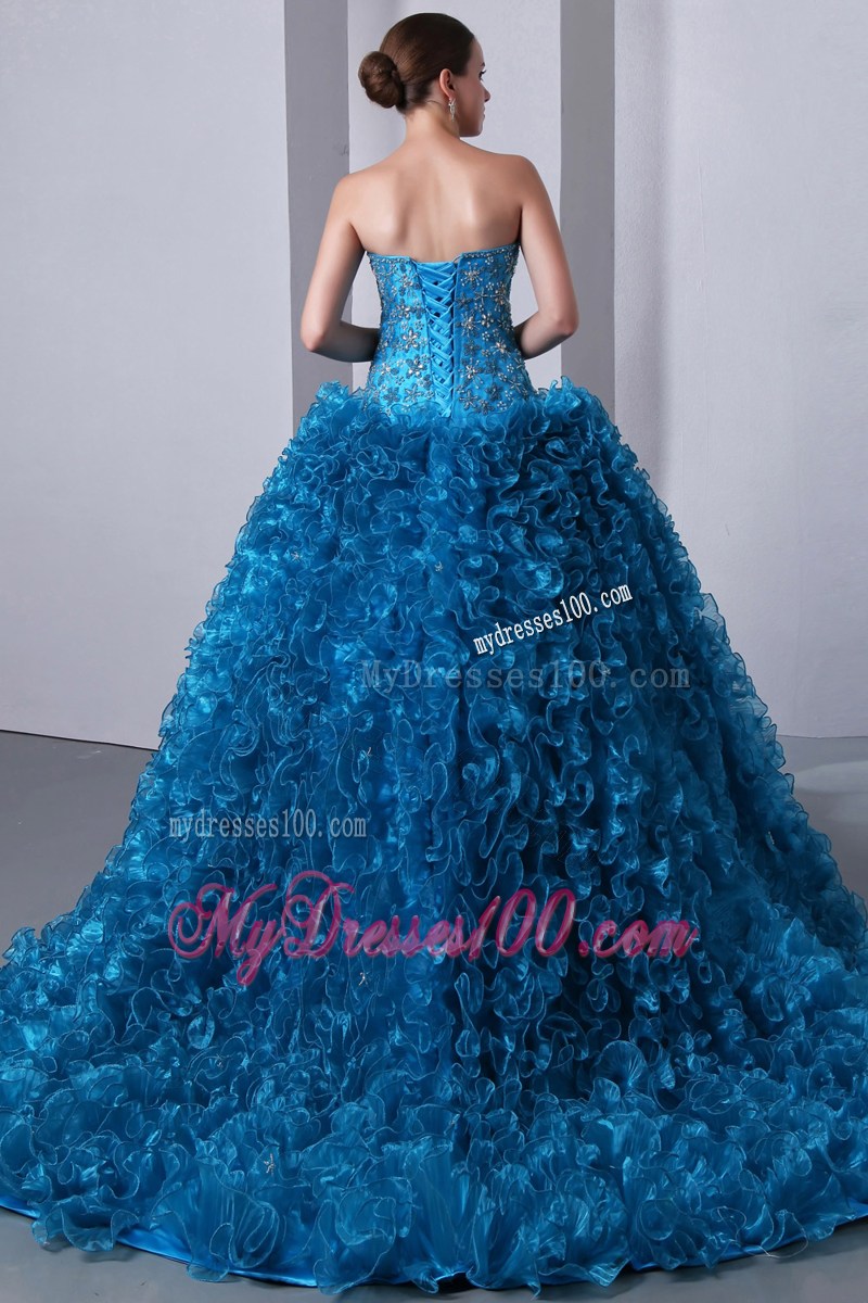 Blue A-Line Sweetheart Organza Quinceanera Dress Beading and Ruffles