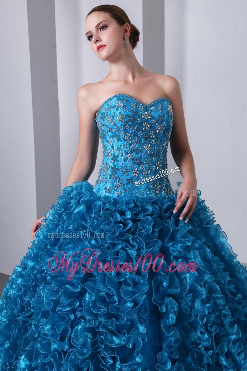 Blue A-Line Sweetheart Organza Quinceanera Dress Beading and Ruffles